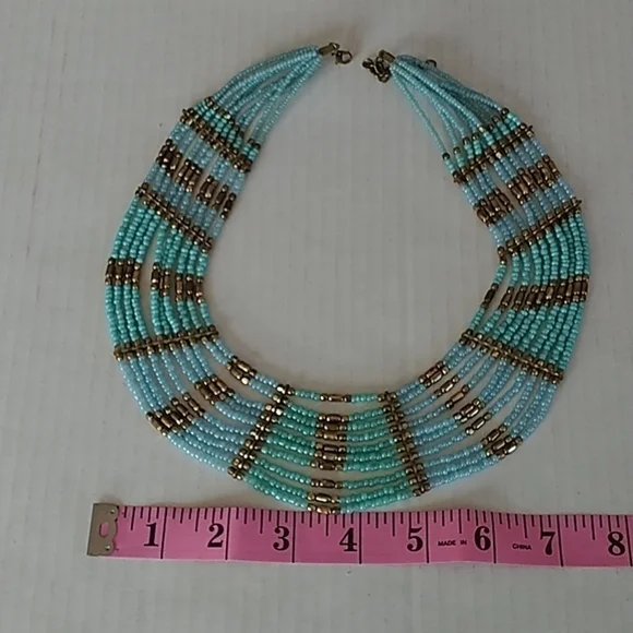 Nine Strand Beaded Necklace Blue/Green/Bronze with 2' Extension - Picture 7 of 7